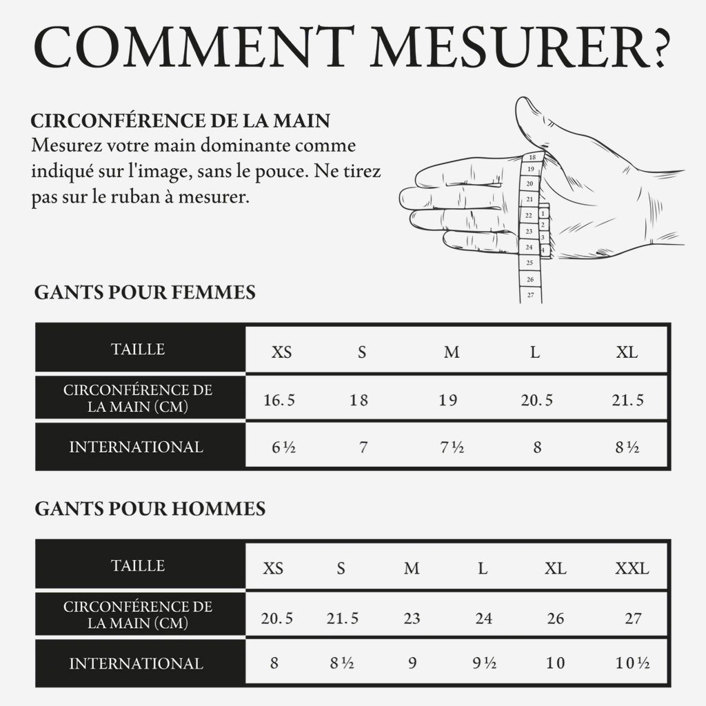 Tableau des tailles des gants en cuir Schwartz & von Halen