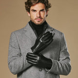 Alexander (noir) - Gants pour hommes en cuir d'agneau doublés de fourrure de lapin luxueuse et fonction tactile