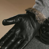 Alexander (noir) - Gants pour hommes en cuir d'agneau doublés de fourrure de lapin luxueuse et fonction tactile