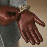 Alexander (marron) - Gants pour hommes en cuir d'agneau doublés de fourrure de lapin luxueuse et fonction tactile