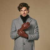 Alexander (marron) - Gants pour hommes en cuir d'agneau doublés de fourrure de lapin luxueuse et fonction tactile