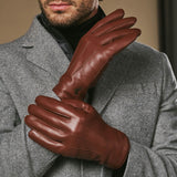 Alexander (marron) - Gants pour hommes en cuir d'agneau doublés de fourrure de lapin luxueuse et fonction tactile