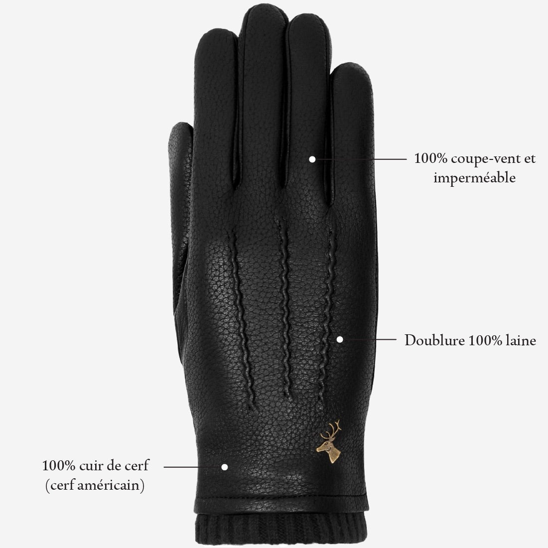 Emily (noir) - Gants en cuir de cerf (American deerskin) et doublure en laine - Schwartz & von Halen FR - Gants en Cuir - 12