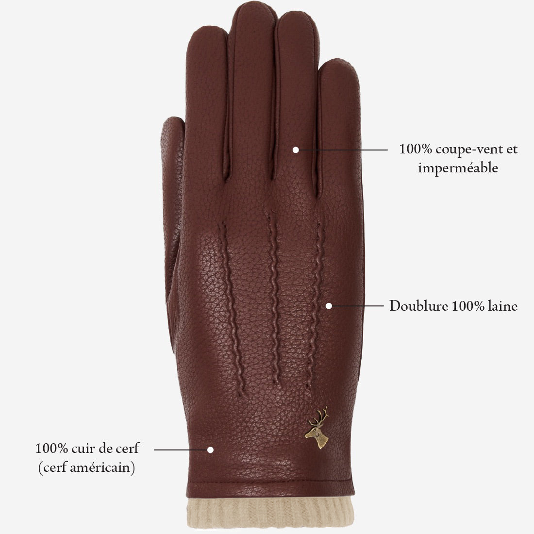 Emily (marron) - Gants en cuir de cerf (American deerskin) et doublure en laine - Schwartz & von Halen FR - Gants en Cuir - 9