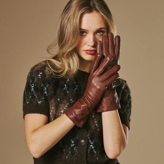 Emma (marron) - Gants extra-longs en cuir de mouton avec doublure luxueuse en cachemire et fonction tactile