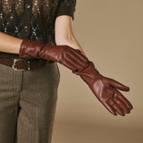 Emma (marron) - Gants extra-longs en cuir de mouton avec doublure luxueuse en cachemire et fonction tactile
