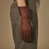 Emma (marron) - Gants extra-longs en cuir de mouton avec doublure luxueuse en cachemire et fonction tactile