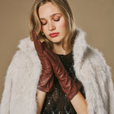 Emma (marron) - Gants extra-longs en cuir de mouton avec doublure luxueuse en cachemire et fonction tactile