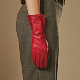Emma (rouge) - Gants extra-longs en cuir de mouton avec doublure luxueuse en cachemire et fonction tactile