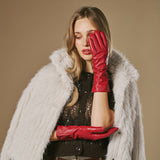 Emma (rouge) - Gants extra-longs en cuir de mouton avec doublure luxueuse en cachemire et fonction tactile