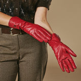 Emma (rouge) - Gants extra-longs en cuir de mouton avec doublure luxueuse en cachemire et fonction tactile