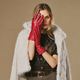 Emma (rouge) - Gants extra-longs en cuir de mouton avec doublure luxueuse en cachemire et fonction tactile
