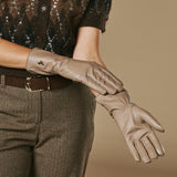 Emma (taupe) - Gants extra-longs en cuir de mouton avec doublure luxueuse en cachemire et fonction tactile