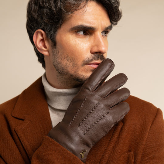 William (marron) - Gants en cuir de chèvre, doublure polaire chaude et bouton pression