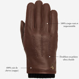 William (marron) - Gants en cuir de chèvre, doublure polaire chaude et bouton pression