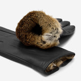 Jasmine (noir) - Gants pour femmes en cuir d'agneau doublés de fourrure de lapin luxueuse et fonction tactile.