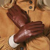 Jasmine (marron) - Gants pour femmes en cuir d'agneau doublés de fourrure de lapin luxueuse et fonction tactile.