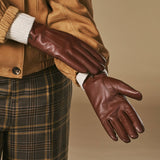 Jasmine (marron) - Gants pour femmes en cuir d'agneau doublés de fourrure de lapin luxueuse et fonction tactile.