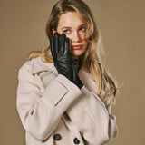 Lauren (noir) - Gants pour femmes en cuir d'agneau doublés de soie et fonction tactile