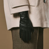 Lauren (noir) - Gants pour femmes en cuir d'agneau doublés de soie et fonction tactile