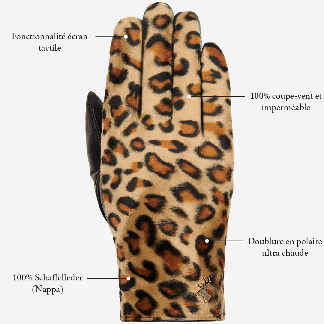 Léopard - Gants en cuir de mouton avec doublure polaire chaude et fonction écran tactile - Schwartz & von Halen FR - Gants en Cuir - 14