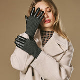 Riley (noir) - Gants tactiles en cuir de mouton avec manchette en tricot