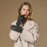 Riley (noir) - Gants tactiles en cuir de mouton avec manchette en tricot