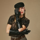 Rosemary (noir) - Gants extra longs en cuir d'agneau doublés de soie et fonction tactile
