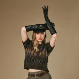 Rosemary (noir) - Gants extra longs en cuir d'agneau doublés de soie et fonction tactile