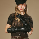 Rosemary (noir) - Gants extra longs en cuir d'agneau doublés de soie et fonction tactile