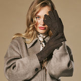 Roxanne (marron) - Gants patchwork en peau de mouton pour femmes doublés de fourrure de mouton chaude