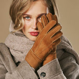 Roxanne (camel) - Gants patchwork en peau de mouton pour femmes doublés de fourrure de mouton chaude