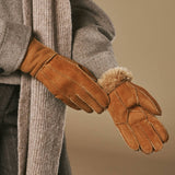 Roxanne (camel) - Gants patchwork en peau de mouton pour femmes doublés de fourrure de mouton chaude