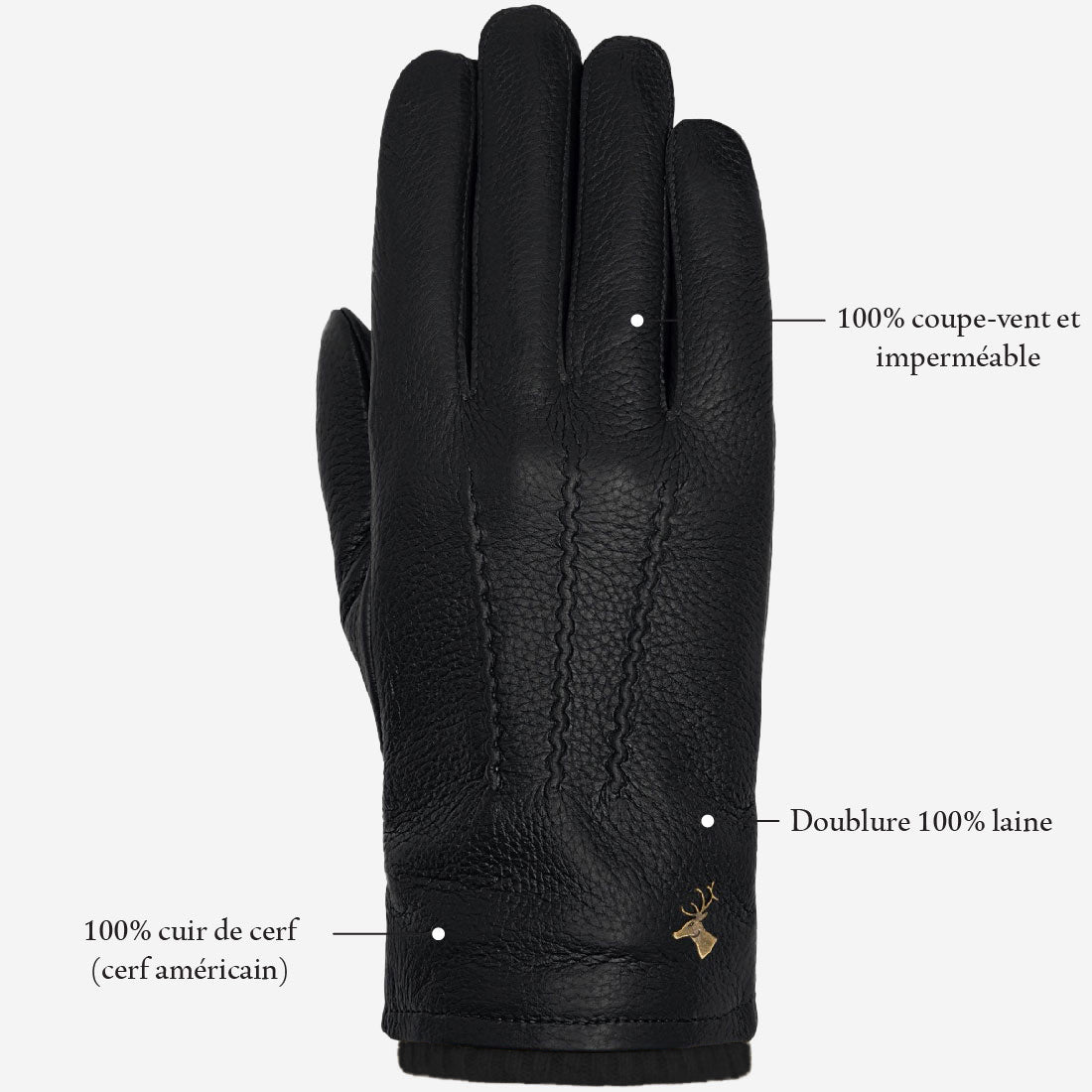 Columbus (noir) - Gants en cuir de cerf (American deerskin) et doublure en laine - Schwartz & von Halen FR - Gants en Cuir - 12
