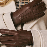 Sienna (marron) – Gants luxueux en cuir de cerf américain doublés en 100 % cachemire