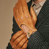 Silvio (cognac) - Gants de conduite exclusifs pour hommes en cuir de pécari