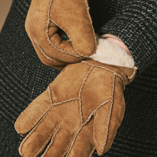 Taylor (camel) - Gants patchwork en peau de mouton pour hommes avec doublure chaude en fourrure de mouton