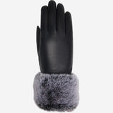 Vera (noir) - Gants tactiles en cuir de luxe avec fausse fourrure au poignet