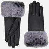 Vera (noir) - Gants tactiles en cuir de luxe avec fausse fourrure au poignet