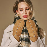 Veronica (camel) - Moufles patchwork pour femmes en peau de mouton doublées de fourrure chaude de mouton