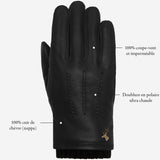 William (noir) - Gants en cuir de chèvre, doublure polaire chaude et bouton pression