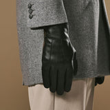 Alexander (noir) - Gants pour hommes en cuir d'agneau doublés de fourrure de lapin luxueuse et fonction tactile