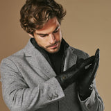 Alexander (noir) - Gants pour hommes en cuir d'agneau doublés de fourrure de lapin luxueuse et fonction tactile