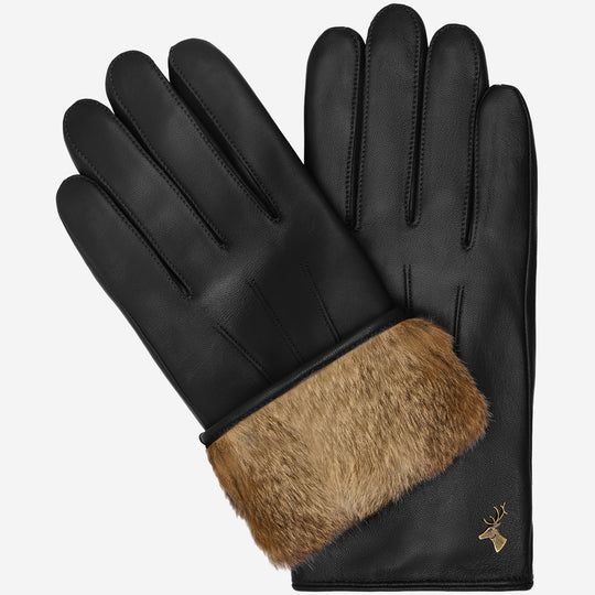 Alexander (noir) - Gants pour hommes en cuir d'agneau doublés de fourrure de lapin luxueuse et fonction tactile