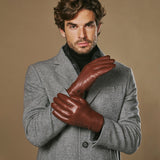 Alexander (marron) - Gants pour hommes en cuir d'agneau doublés de fourrure de lapin luxueuse et fonction tactile