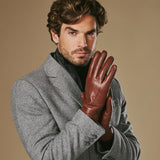 Alexander (marron) - Gants pour hommes en cuir d'agneau doublés de fourrure de lapin luxueuse et fonction tactile