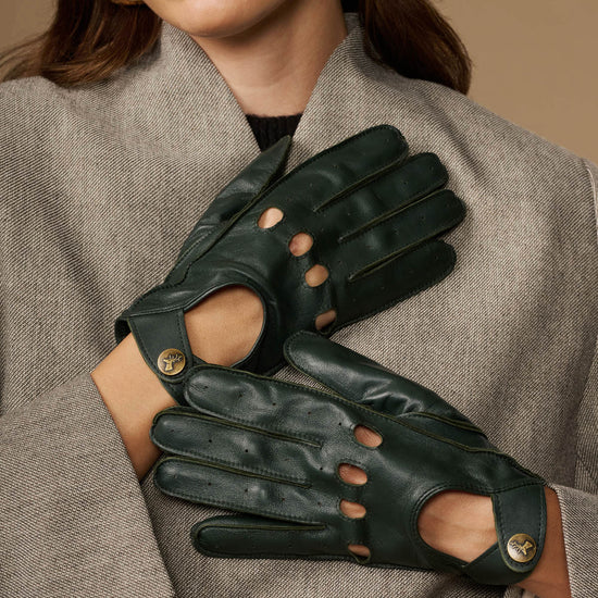 Dark green leather gloves with cutout fingertips and gold-button accents