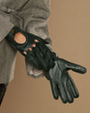 Dark green leather gloves with long open-hand cutouts and metal button detailing