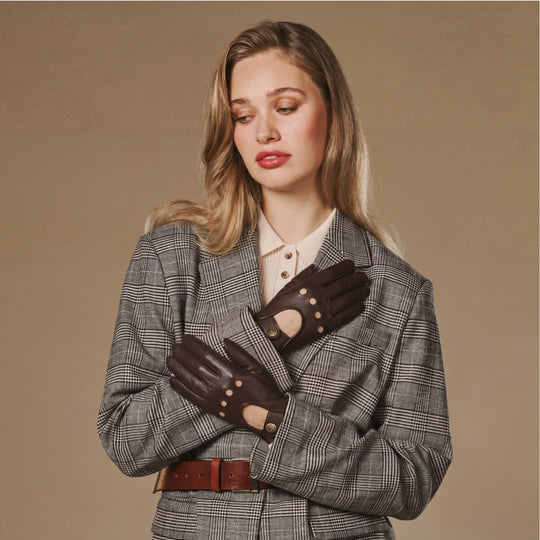Alexis (marron foncé) - Gants tactiles de conduite classiques en cuir d'agneau