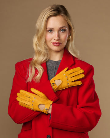Alexis (jaune) - Gants de conduite classiques en cuir d’agneau pour femme avec fonction tactile